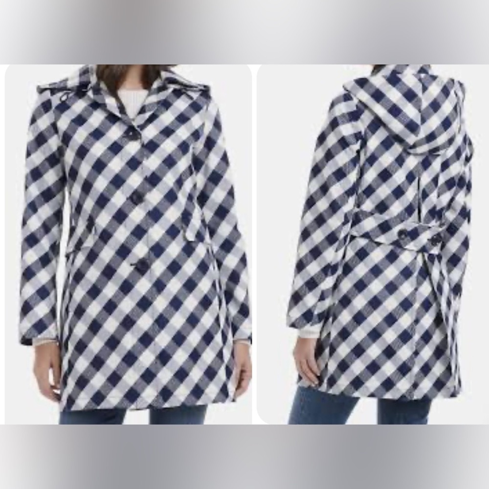 Kate Spade water resistant gingham print hooded rain coat  Sz Large